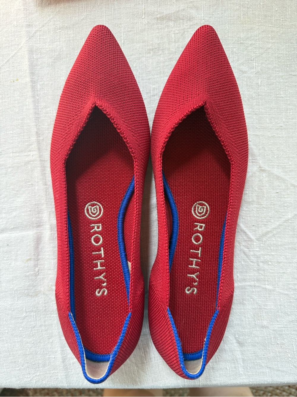 NWOT Rothy's Women's Red The Point Flats with Blue Trim - Size 9